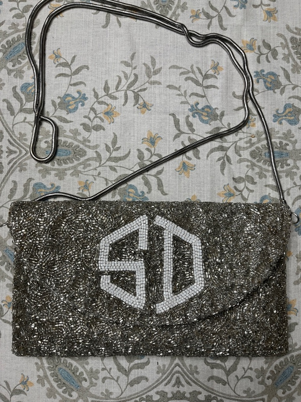 Silver Beaded Evening Clutch with White Monogram SD Accent